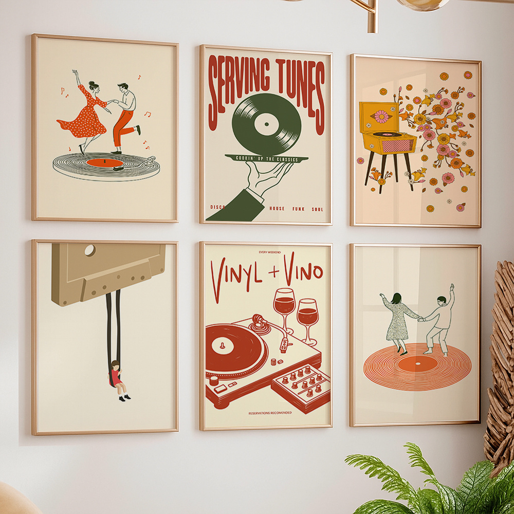 Office Furniture And Design - โปสเตอร์ผ้าใบลายดนตรีวินเทจ 1 ชิ้น ไม่มีกรอบ ลายเครื่องเล่นแผ่นเสียง คาสเซ็ต